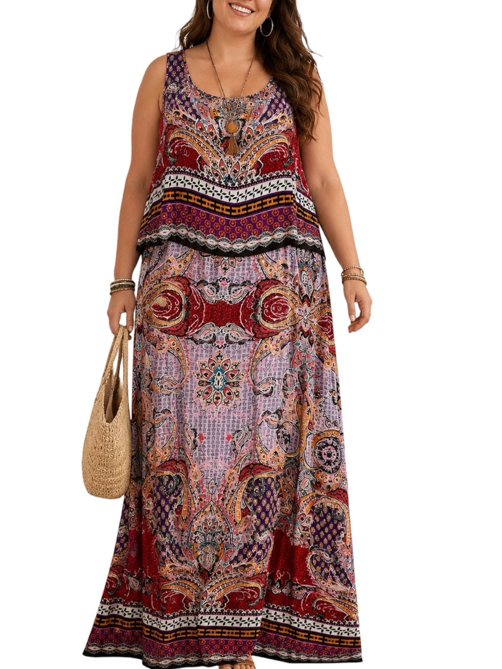 Bila XXL Paisley Maxi Dress Sleeveless Boho Layered Overlay Purple Red Rayon